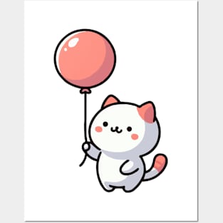 Cute Cat With Red Balloon Posters and Art